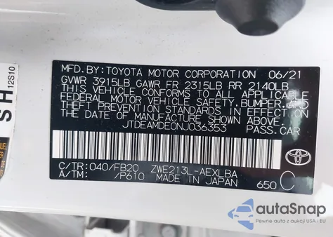 2022 Toyota Corolla Hybrid Le z USA, uszkodzony, nr VIN JTDEAMDE0NJ036353